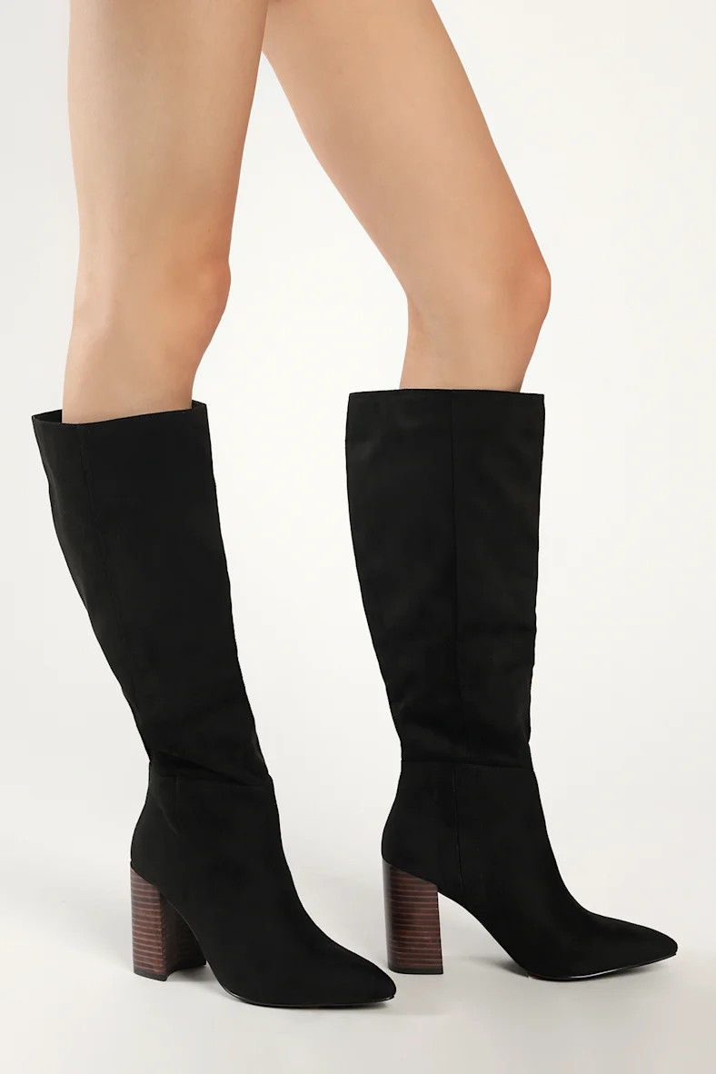 Katari Black Suede Stacked Pointed-Toe Knee High Boots | Lulus (US)