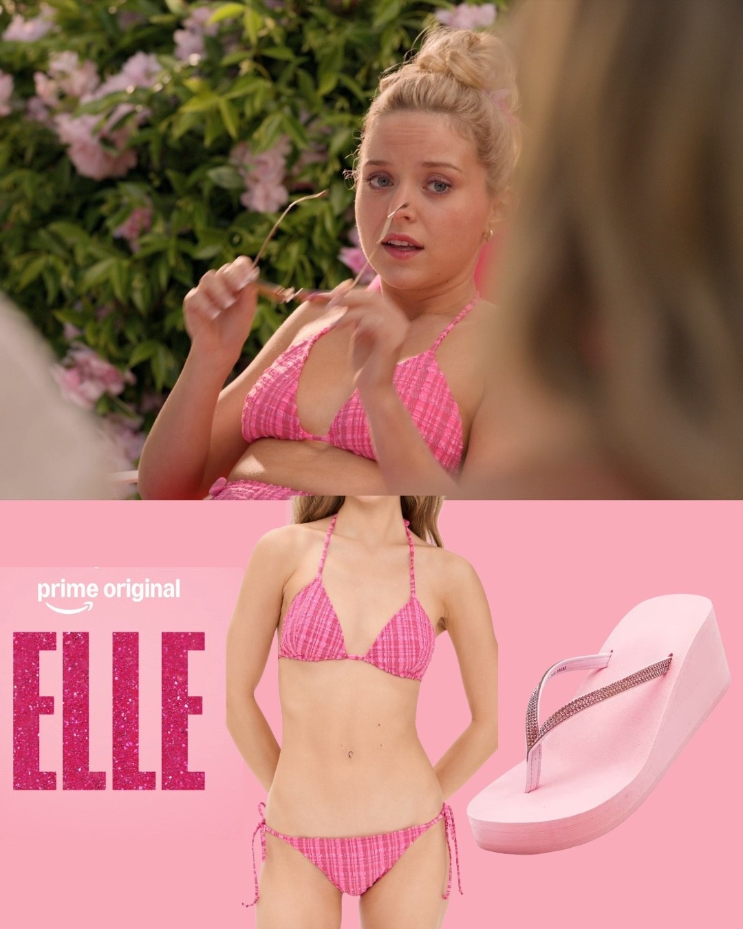 Elle woods wearing a cute pink bikini on episode one of Amazon Prime’s Elle