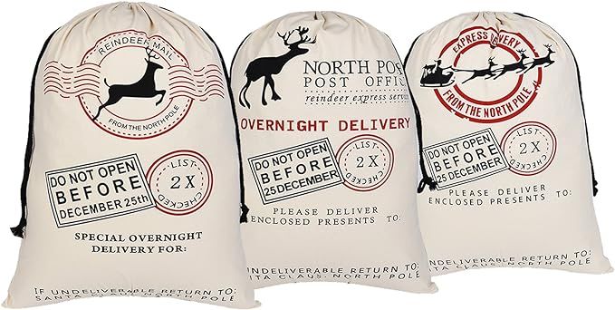 KEFAN 3 Pack Santa Sack Christmas Bag, Canvas Cotton Bag for Gifts Wrapping with Drawstrings Larg... | Amazon (US)