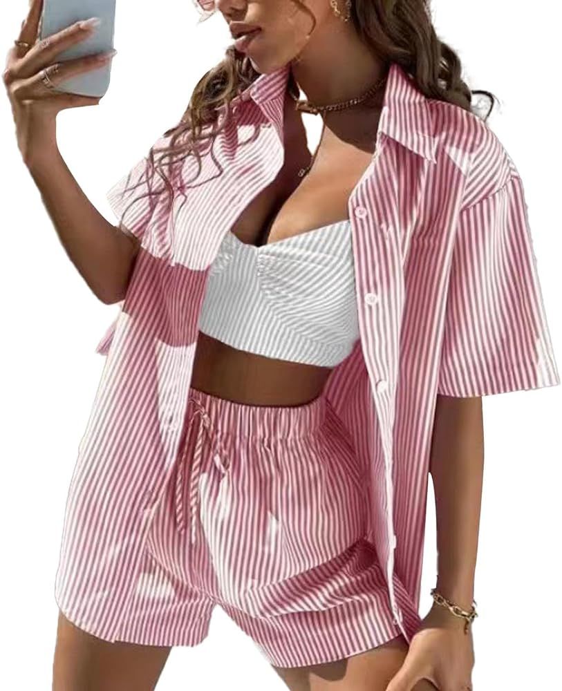 KYLASIEN Women Casual 2 Piece Tracksuit Sets Oversized Long Sleeve Stripe Patching Shirts Loose M... | Amazon (US)