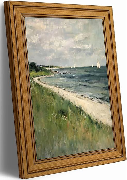 Vintage Gold Framed Coastal Landscape Canvas Wall Art, Beach Storm Clouds Poster Print Artwork, S... | Amazon (US)