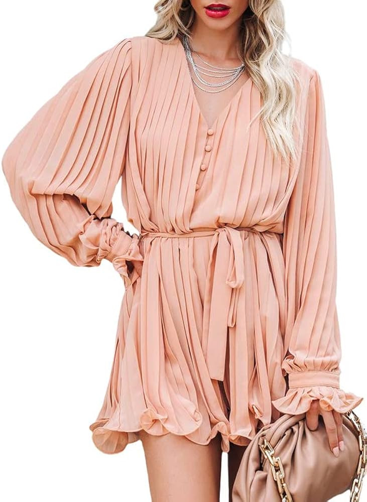 Dokotoo Womens 2023 Summer Buttons V Neck Tie Waist Flared Pleated Drape Long Sleeve Rompers Jump... | Amazon (US)