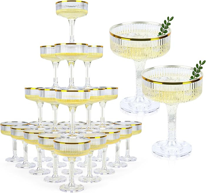 48 Pack Clear Champagne Tower 5 Oz Champagne Flutes Plastic Champagne Coupe Glasses With Gold Rim... | Amazon (US)