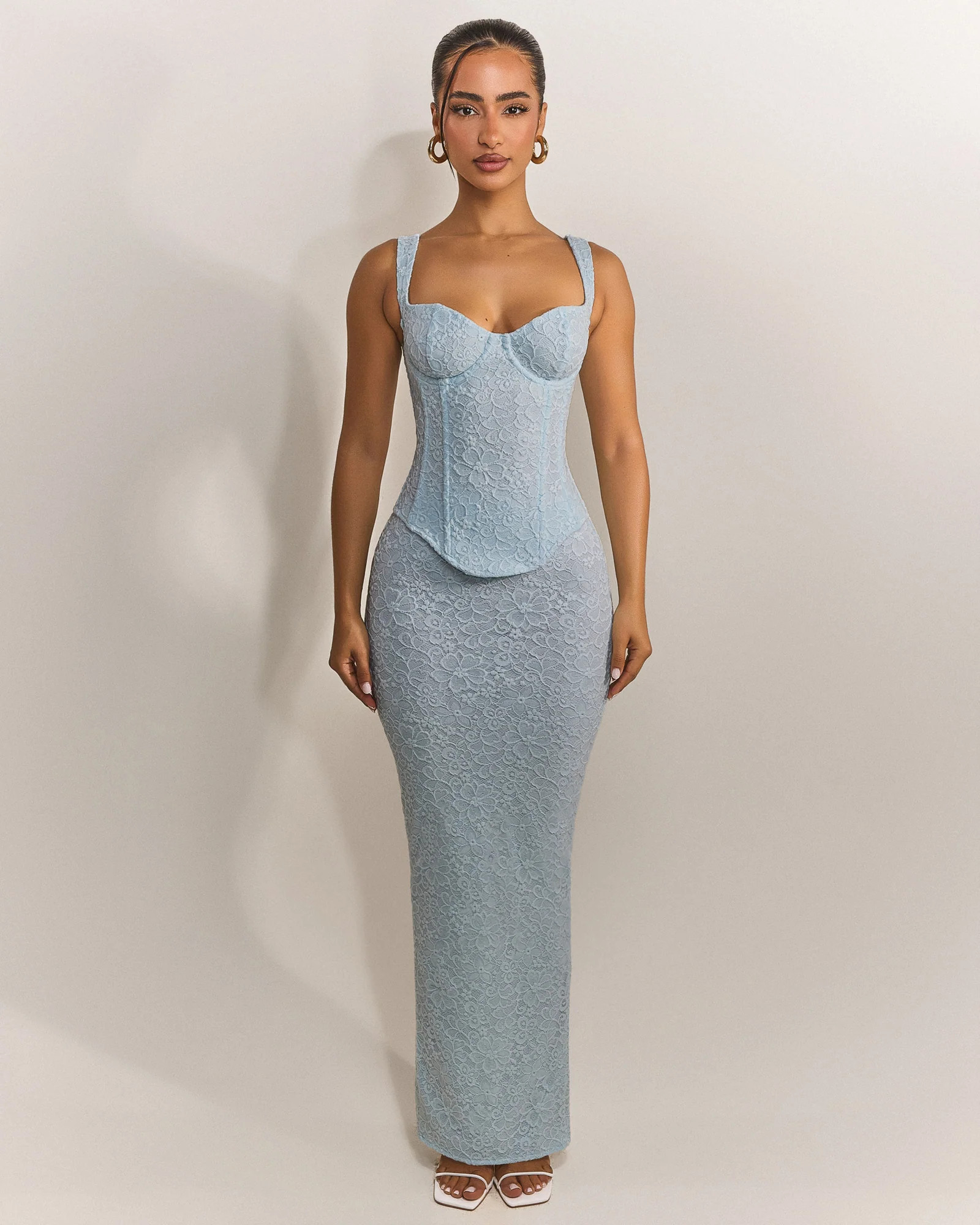 The Cinched Lace Corset Maxi Set in Blue | Mars The Label