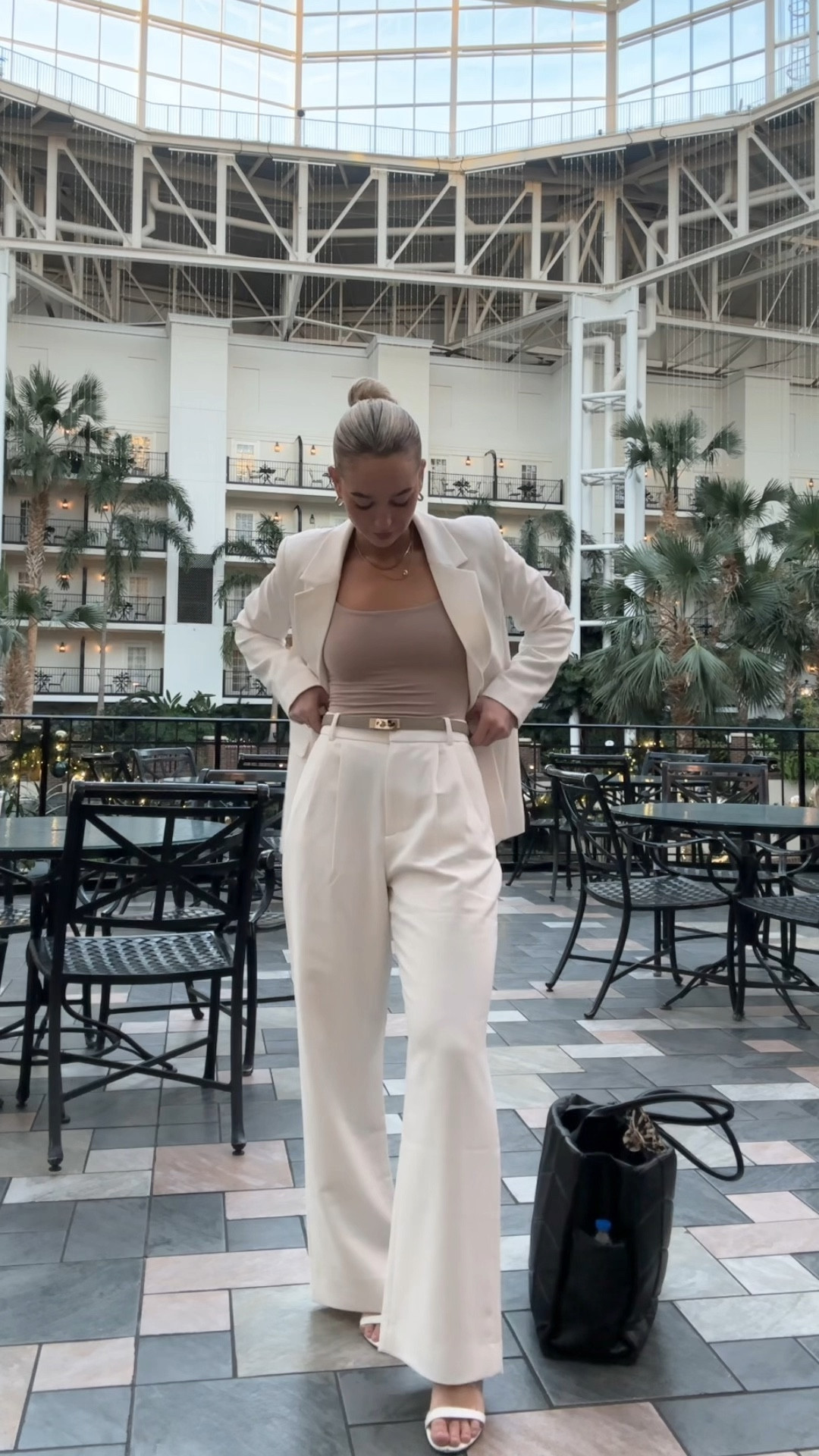 Exact jacket/ Small, cream 
Exact pant/ Size 27, cream 
Exact belt 
Similar tank 
No idea shoes but these Amazon ones I’d 100% wear 
