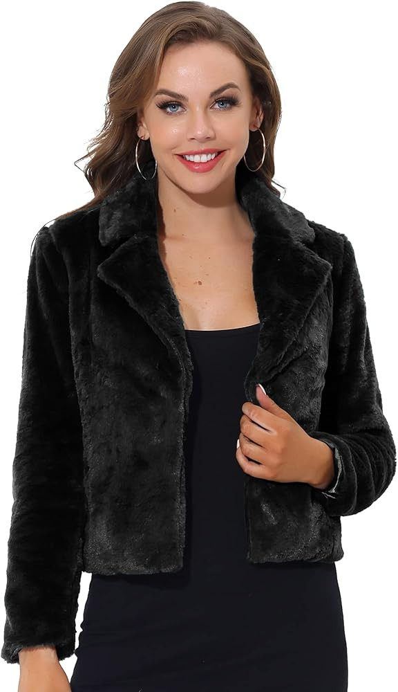 Allegra K Women's Cropped Faux Fur Jacket Lapel Cardigan Shrug 2024 Winter Fluffy Faux Fur Coat | Amazon (US)
