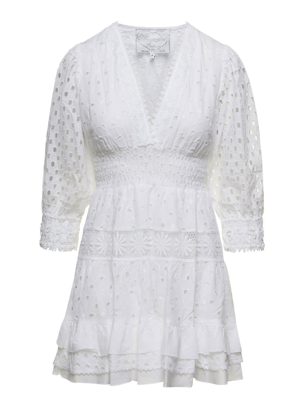 Temptation Positano Mini White Dress With V-neckline And Embroideries In Cotton Lace Woman | Italist.com US