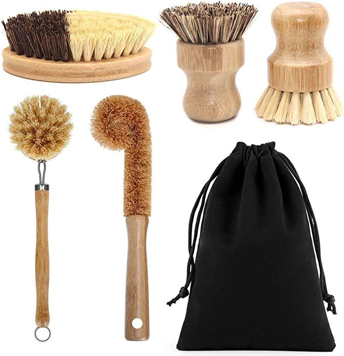 Vankcp 5 Pack Natural Bamboo Cleaning Brush Set, Pot Dish Scrub Brush with Handle and Flannel Bag... | Amazon (US)