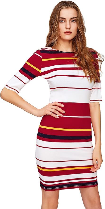 MakeMeChic Women's Striped Half Sleeve Zip Bodycon Pencil Dress | Amazon (US)