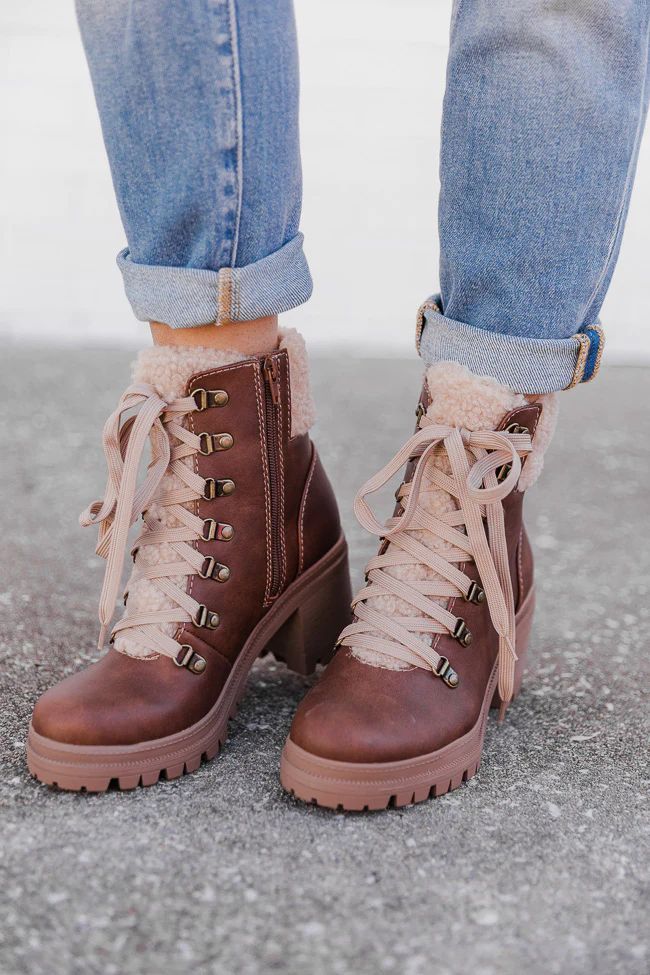 Tami Brown Fleece Lace Up Booties | Pink Lily