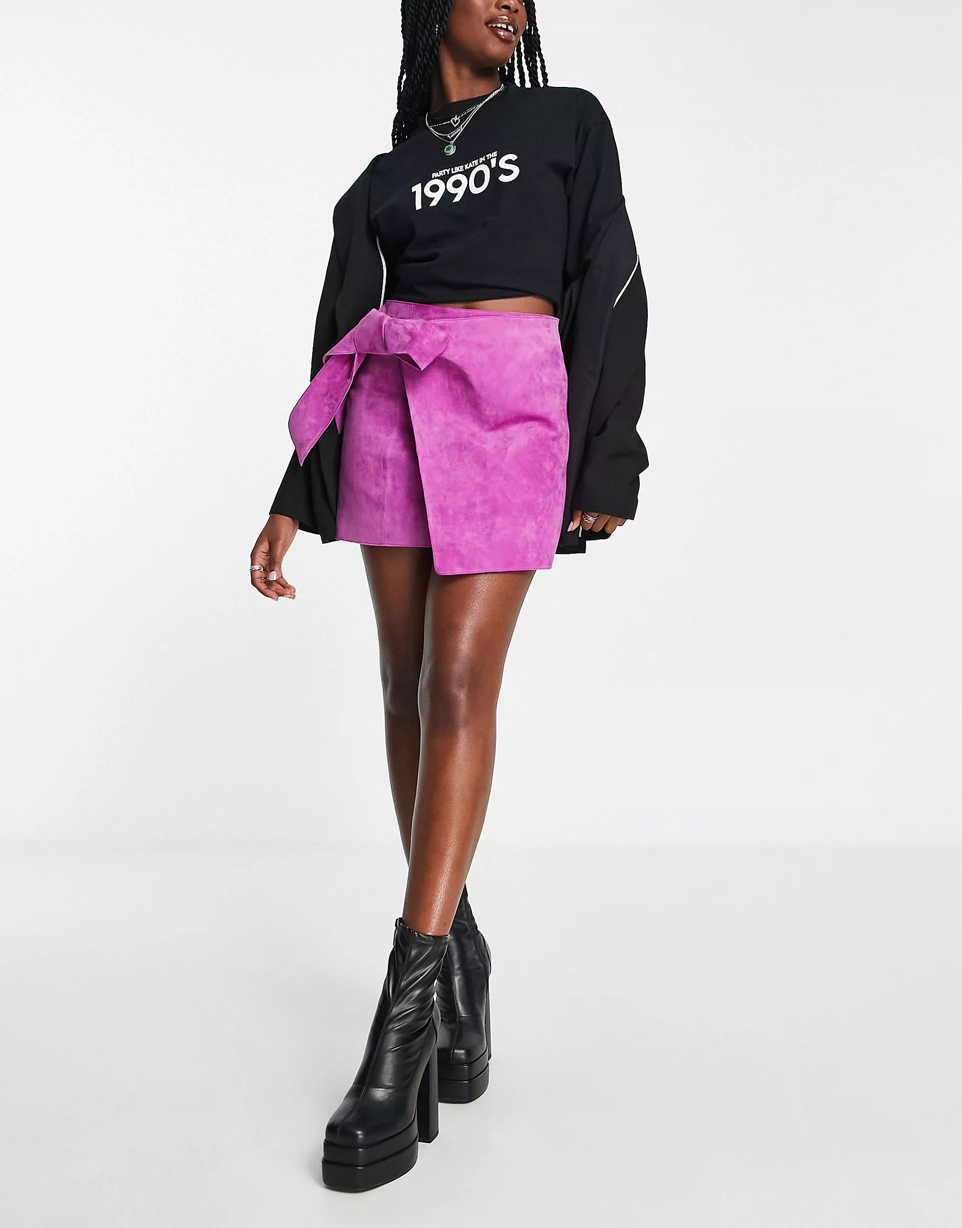 ASOS DESIGN suede wrap mini skirt with tie detail in magenta | ASOS (Global)