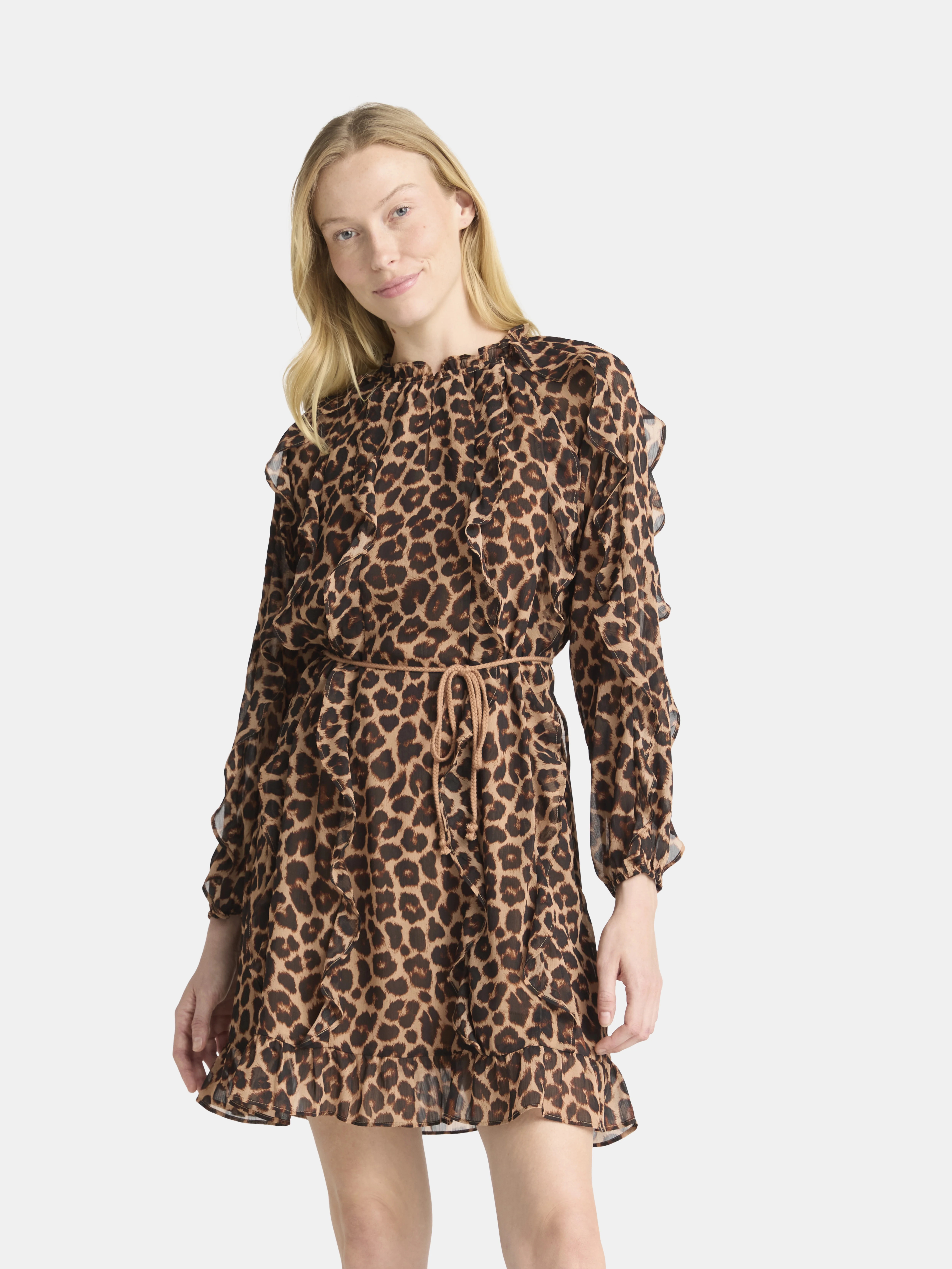 Time and Tru Women's and Women's Plus Belted Ruffle Mini Dress, Sizes XS-4X - Walmart.com | Walmart (US)