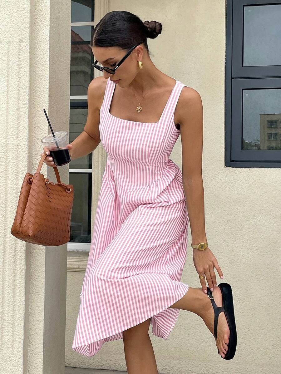 Siren Gaze Women's Casual Striped Sleeveless Mid-Length Dress, Summer Thanks Giving Pink Vacation... | SHEIN