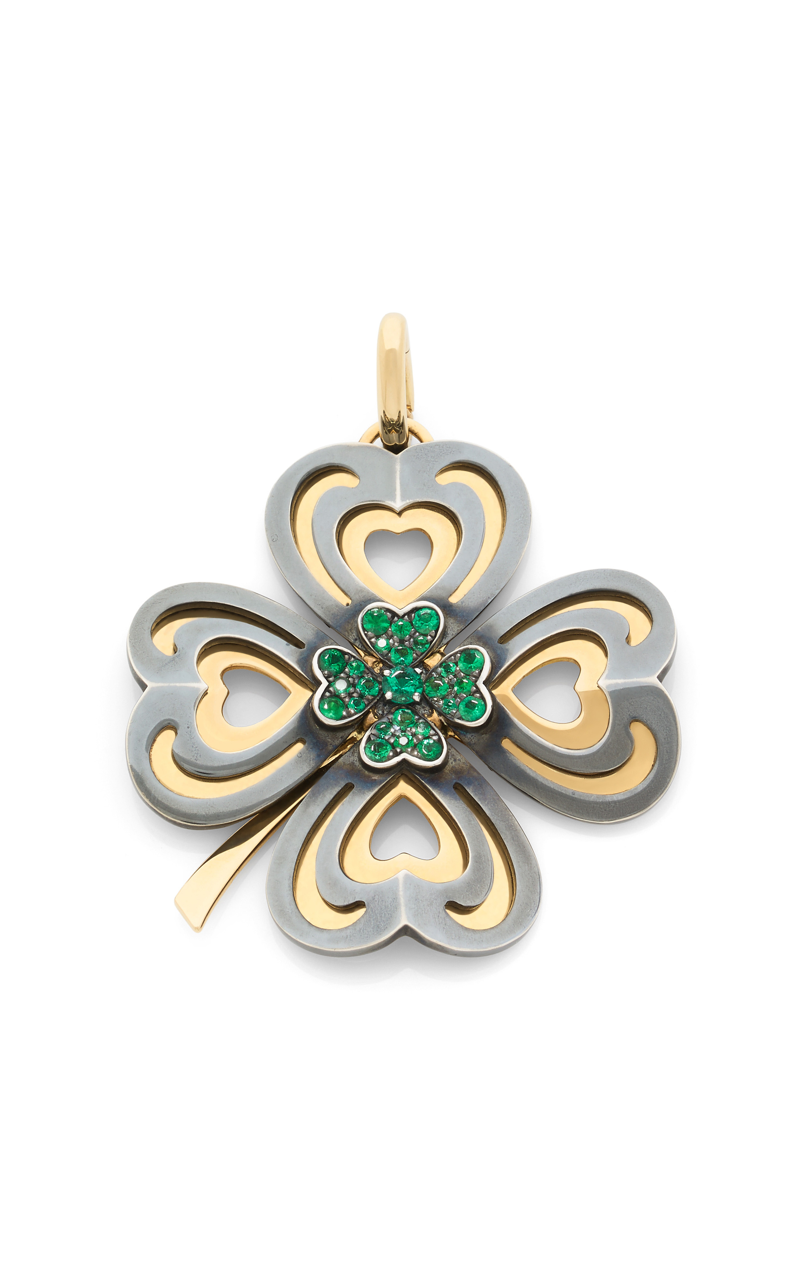 Cosmogonie Secrète Trèfle 18K Yellow Gold, Distressed Silver Emerald Charm | Moda Operandi (Global)