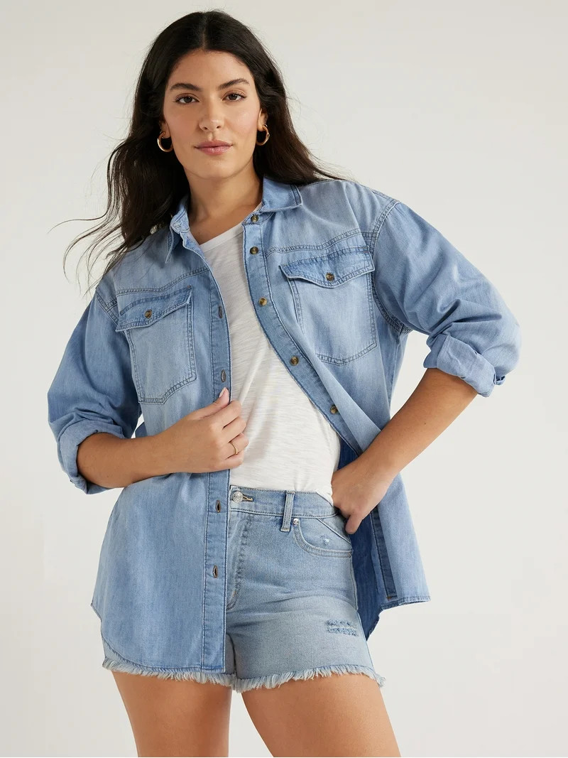 Sofia Jeans Women's and Women's Plus Sofia Oversized Boyfriend Shirt with Long Sleeves, Sizes XS-... | Walmart (US)