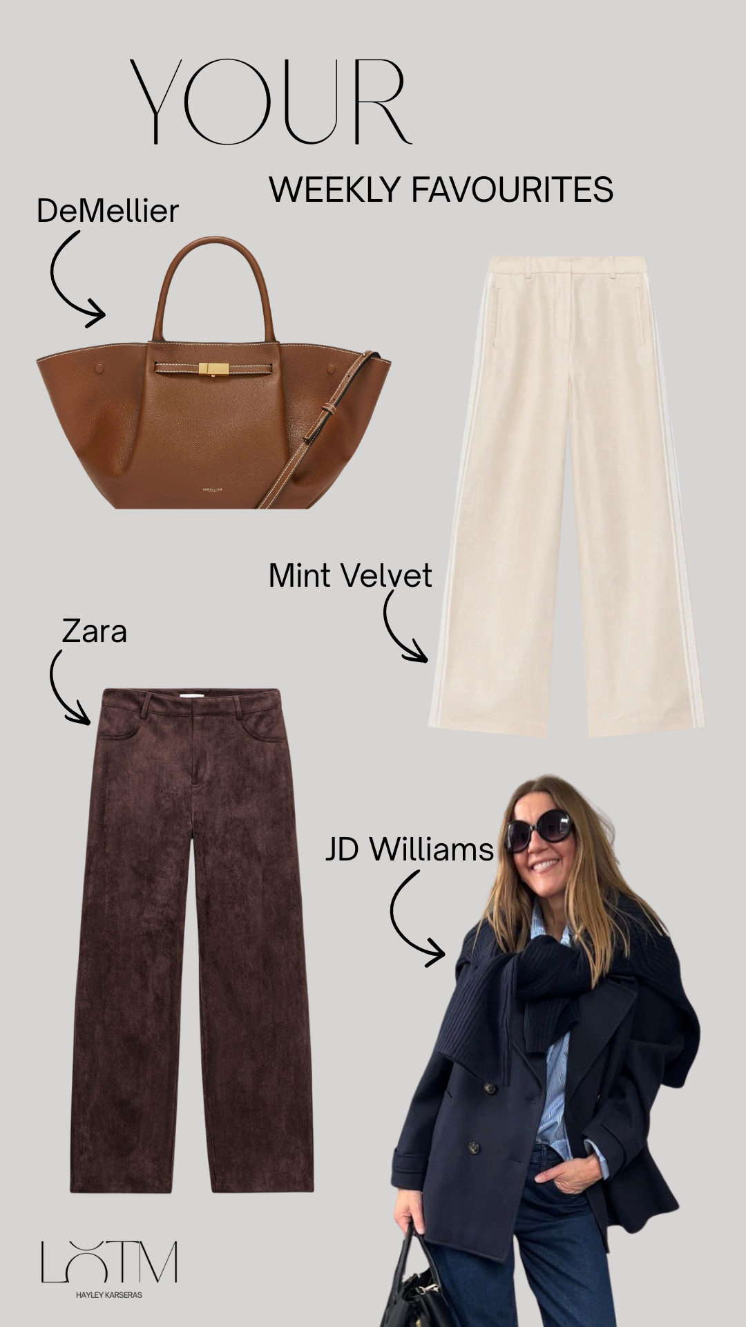 Your weekly Favourites! Zara suede trousers, DeMellier New York Bag, Mint Velvet linen trousers and JD Williams Navy Pea coat.  

 #LTKspring #LTKstyletip #LTKbag