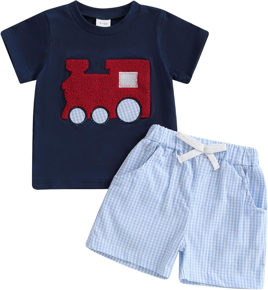 Toddler Baby Boy Summer Clothes Train Engine Embroidery Short Sleeve T Shirt Plaid Shorts Set Inf... | Amazon (US)