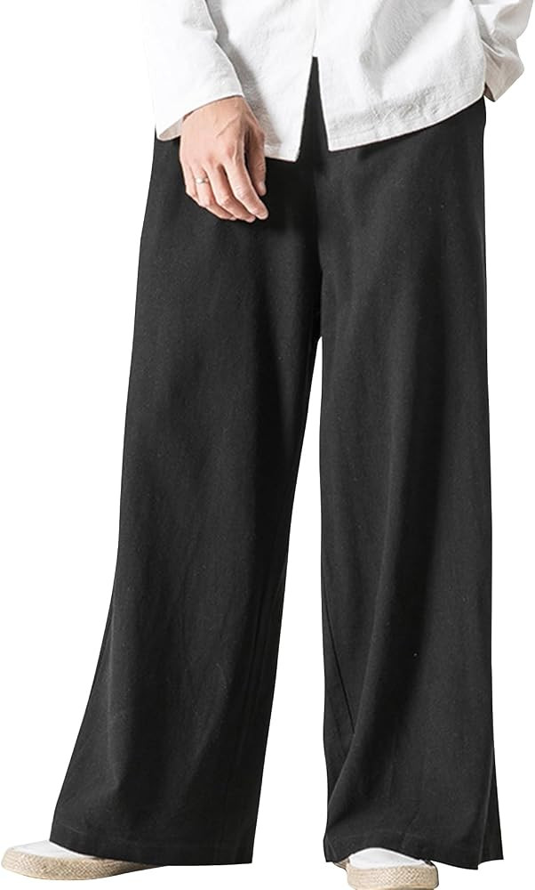 Kissonic Mens Casual Linen Pants Elastic Waist Drawstring Baggy Pants Cotton Wide Leg Yoga Beach ... | Amazon (US)