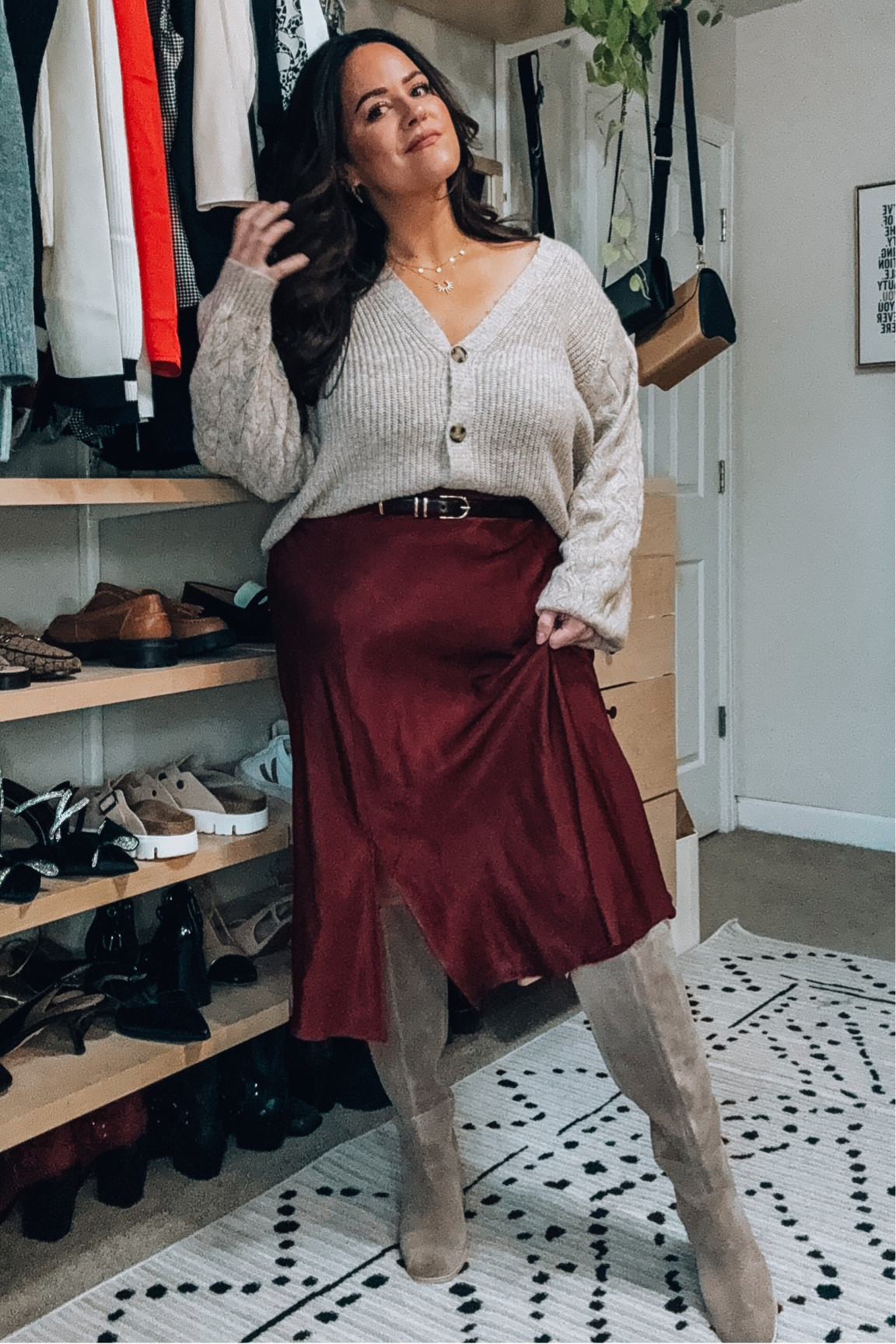 Walmart midsize thanksgiving outfit 
Wearing an xl in the midi skirt, xl sweater cardigan, and the knee high boots are tts and wide calf

#LTKHoliday #LTKmidsize #LTKfindsunder50