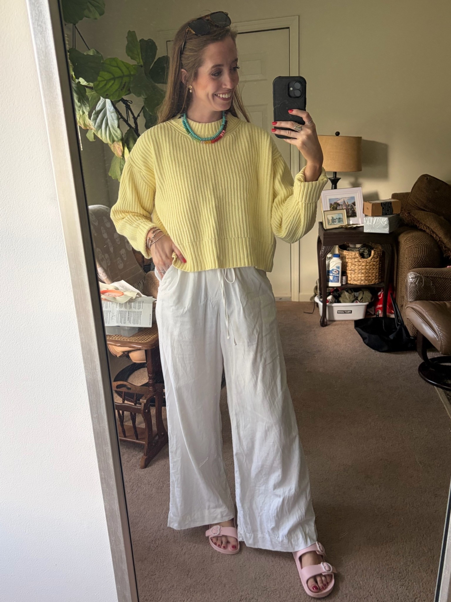 Casual summer outfit 
White linen pants outfit
Summer sweater
Beaded necklaces

#LTKSeasonal #LTKSaleAlert