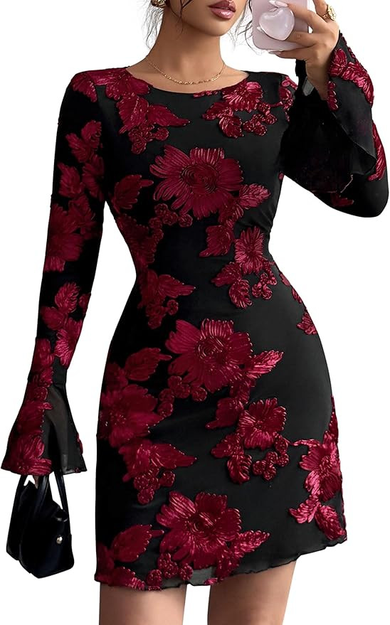 PRETTYGARDEN Women's Floral Embroidered Dress 2025 Fall Long Bell Sleeve Ribbon Flower Mini Short... | Amazon (US)