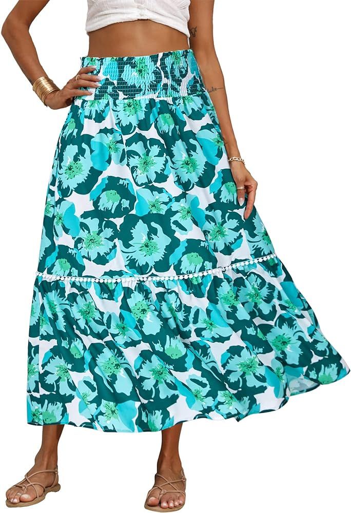 BTFBM Women 2024 Summer Spring Floral Long Skirts Casual Elastic High Waist Pleated Swing A Line ... | Amazon (US)