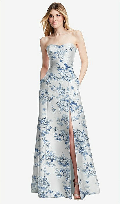 Strapless A-line Floral Satin Gown with Modern Bow Detail in Cottage Rose Larkspur | The Dessy Group