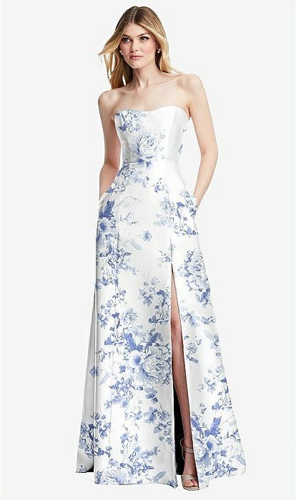 Strapless A-line Floral Satin Gown with Modern Bow Detail in Cottage Rose Larkspur | The Dessy Group