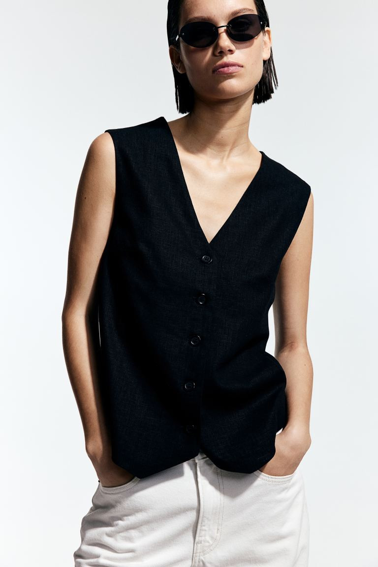 Linen-blend Suit Vest - V-neck - Long - Black - Ladies | H&M US | H&M (US + CA)