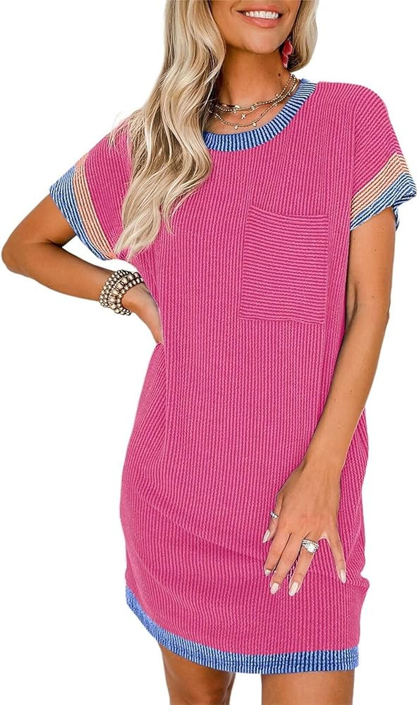 Acelitt Womens Casual Summer Crewneck Short Sleeve Ribbed Mini Tshirt Dress, XS-3XL | Amazon (US)