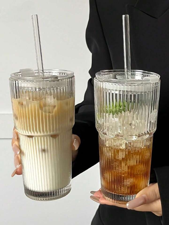 1pc,Striped Glass Cup With Straw And Lid - 20.29oz/600ml, Visually Appealing Glass Drinking Tumbler Suitable For Coffee, Tea, Milk, Iced Americano And Latte Drinks, Drinking Glass Back To School | SHEIN