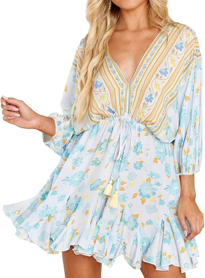 R.Vivimos Womens Summer Floral Dress 3/4 Sleeve Deep V Neck Boho Drawstring Backless Swing Mini D... | Amazon (US)