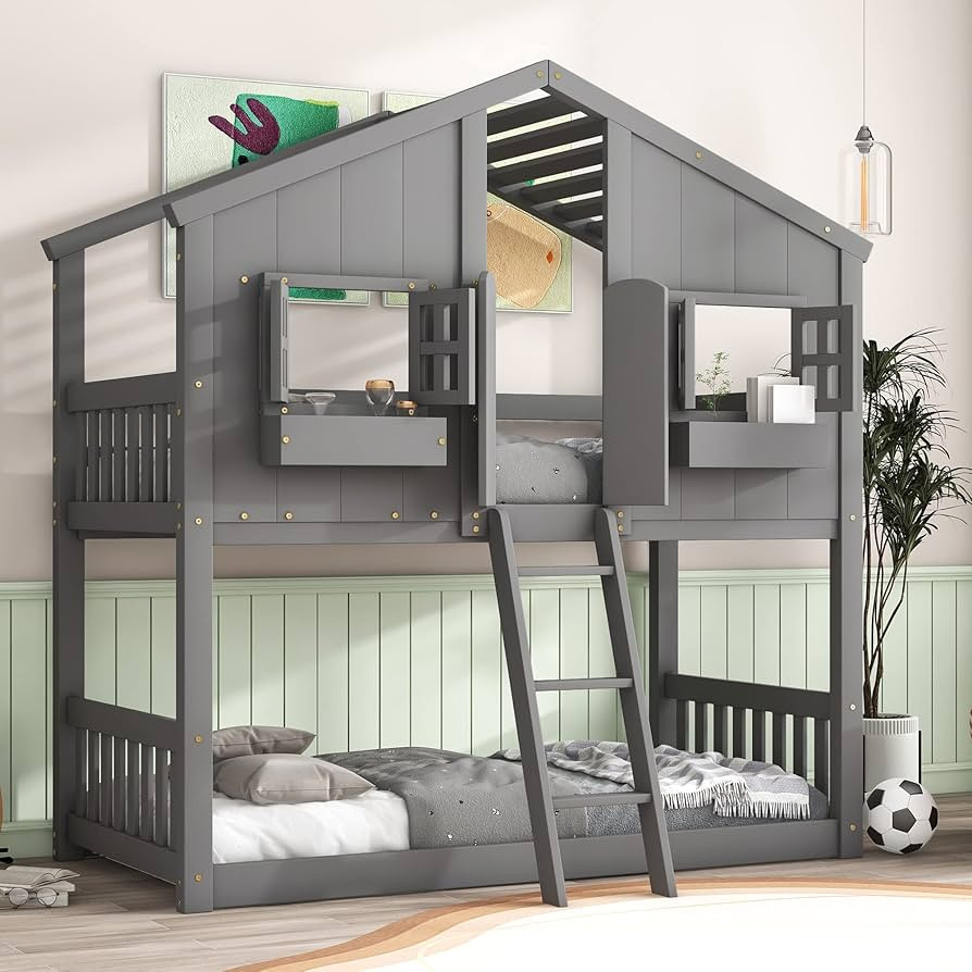 Twin Size House Bunk Bed with Roof, Door, Window and Small Box, Wooden Low Bunkbed Frame with Saf... | Amazon (US)