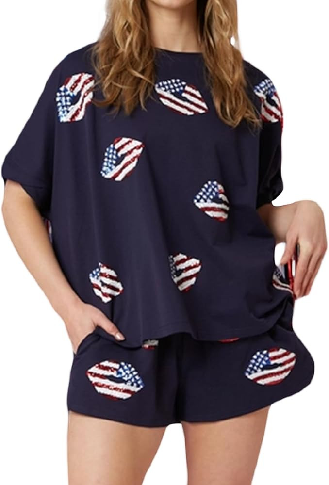 Luckinbaby Women Independence Day Sequins Outfits American Flag Loose T-Shirt Baggy Shorts 4th of... | Amazon (US)