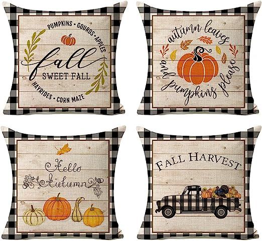 Kithomer Set of 4 Fall Buffalo Plaids Pumpkin Harvest Throw Pillow Cases Autumn Farmhouse Decorat... | Amazon (US)