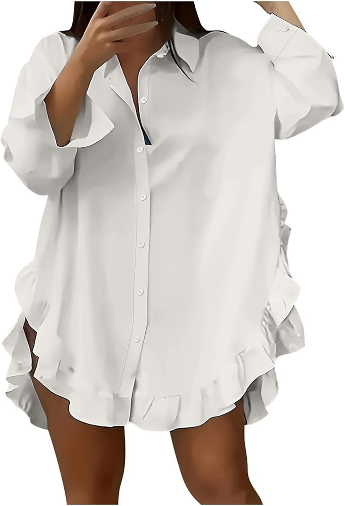 Women's Irregular Ruffle Trim Split Curved Hem Blouse Dressy Casual Loose Lapel Collar Button Dow... | Amazon (US)