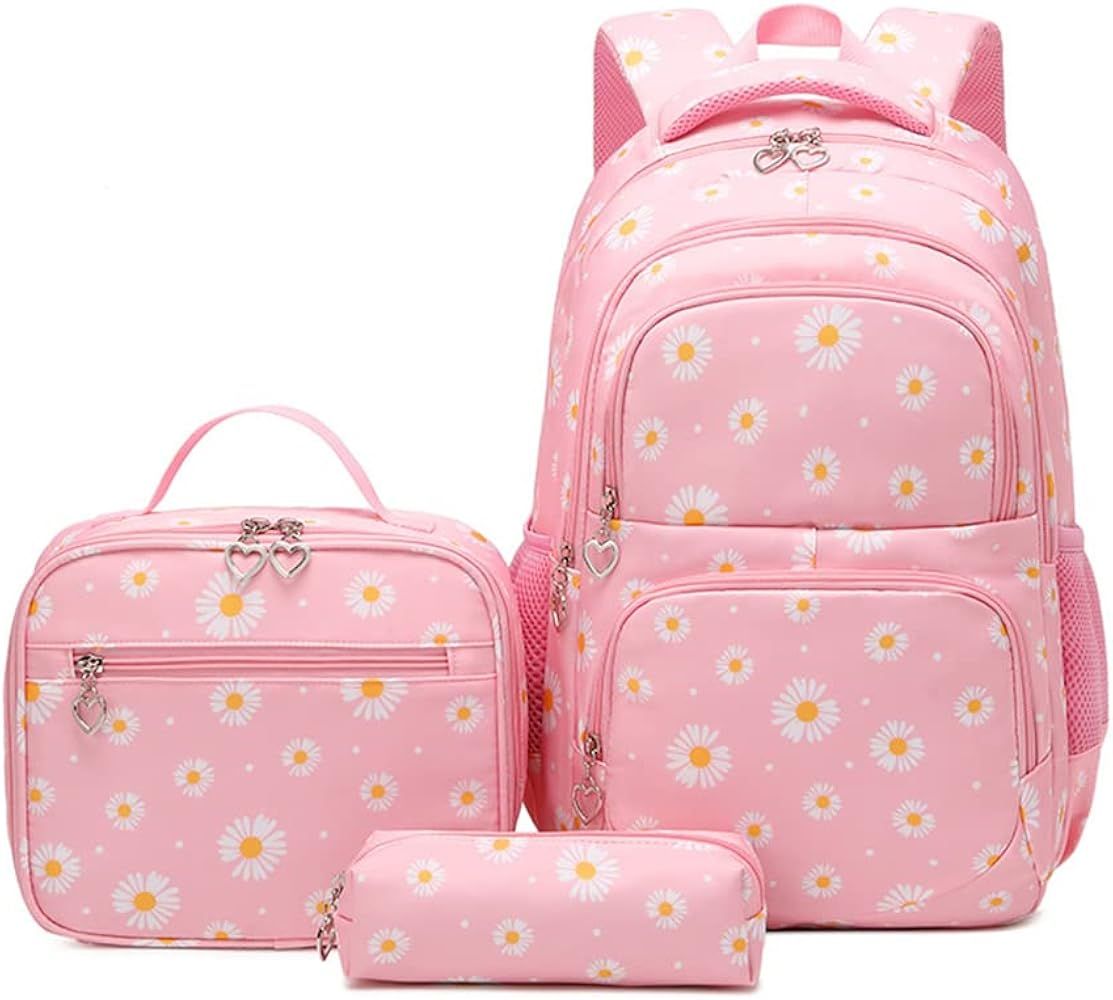 3Pcs Daisy Printed Kids Backpack Girls School Bookbag Set Elementary Students Daypack with Lunch Bag | Amazon (US)