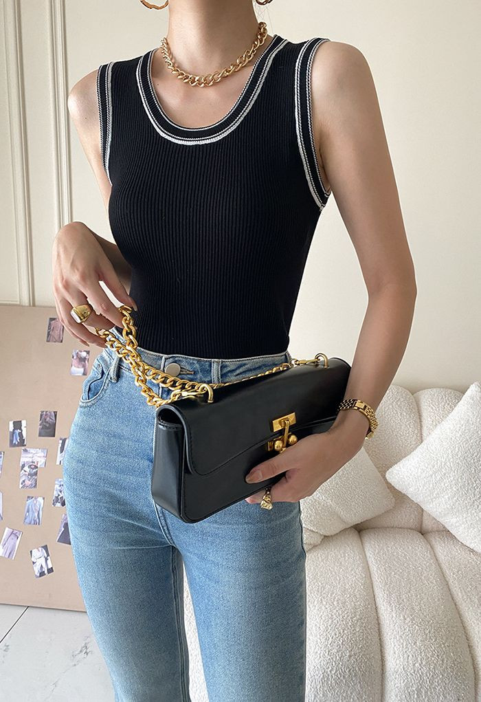 Contrast Edge Ribbed Tank Top in Black | Chicwish