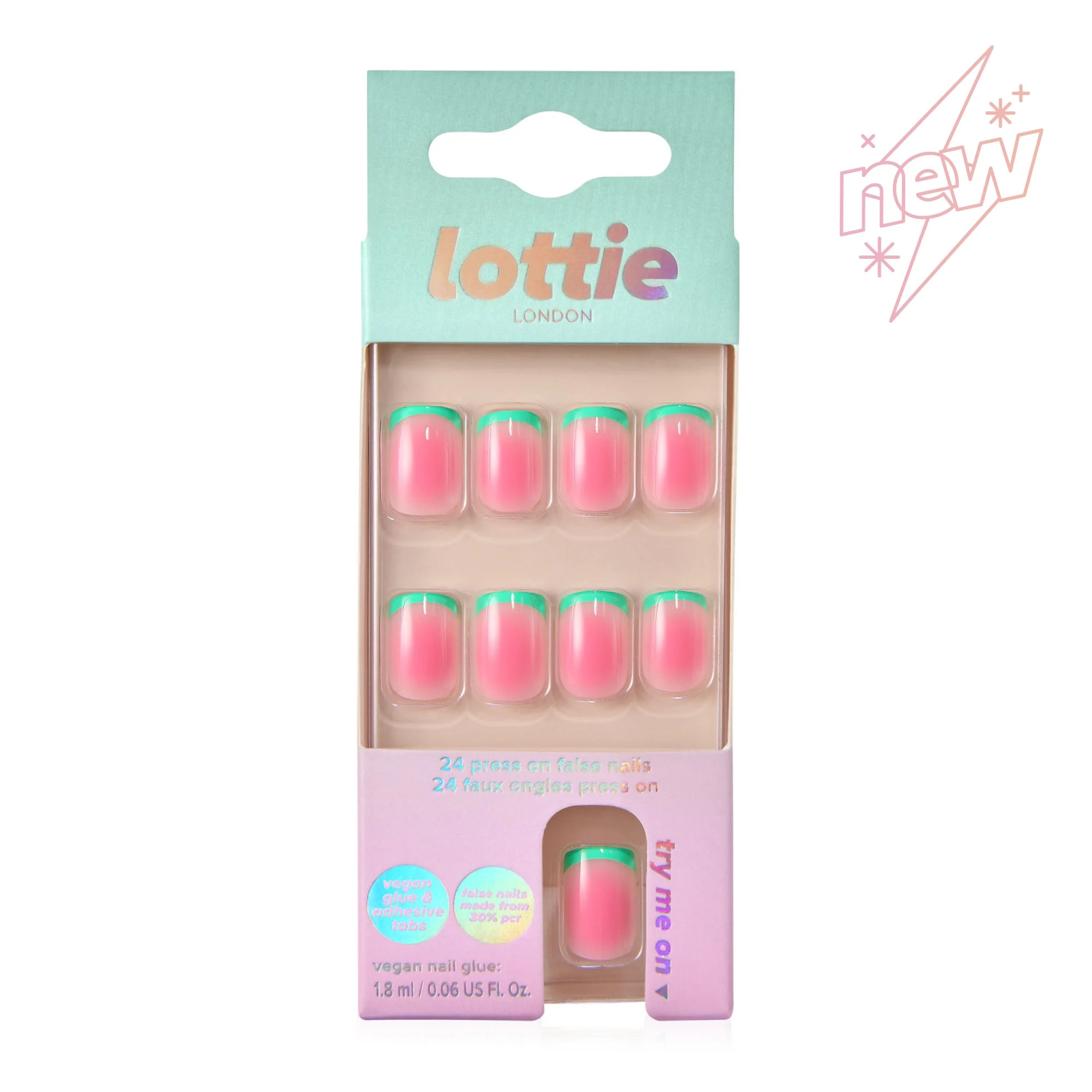 Lottie London Stay Press'd, Press on Nail Set, Pink with Green Tips Squoval Shape, Watermelon, 24... | Walmart (US)