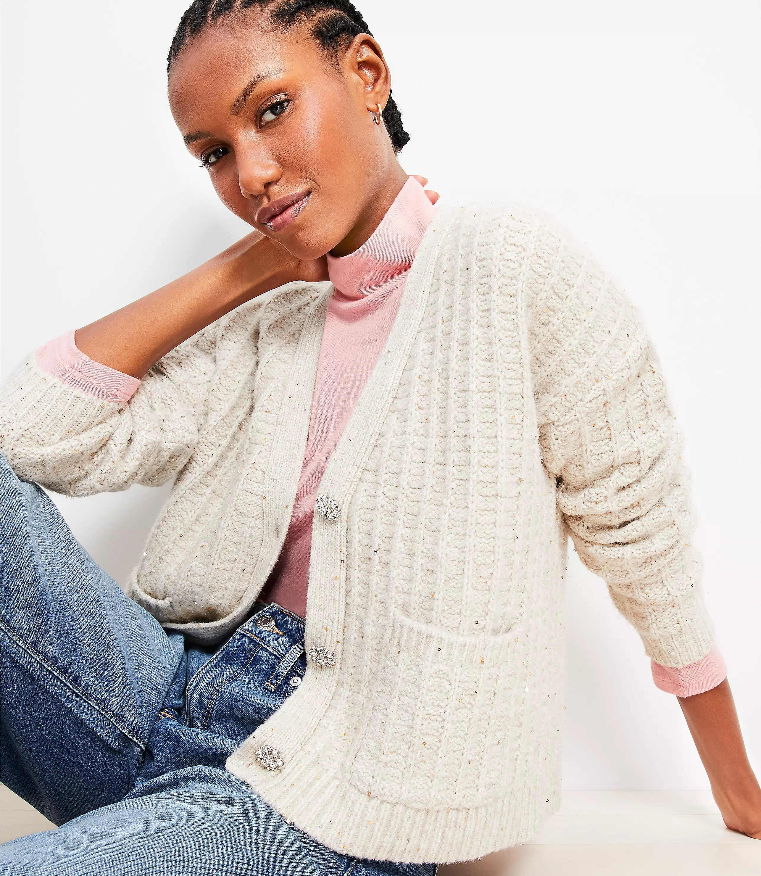Sparkle Button Sequin V-Neck Pocket Cardigan | LOFT