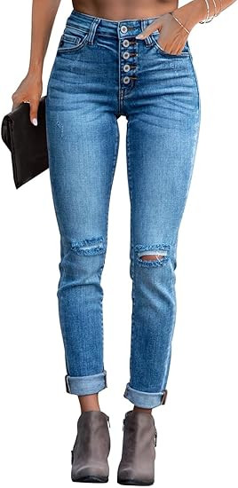 KUNMI Women's Ripped Skinny Jeans Distressed Stretchy Denim Pants | Amazon (US)