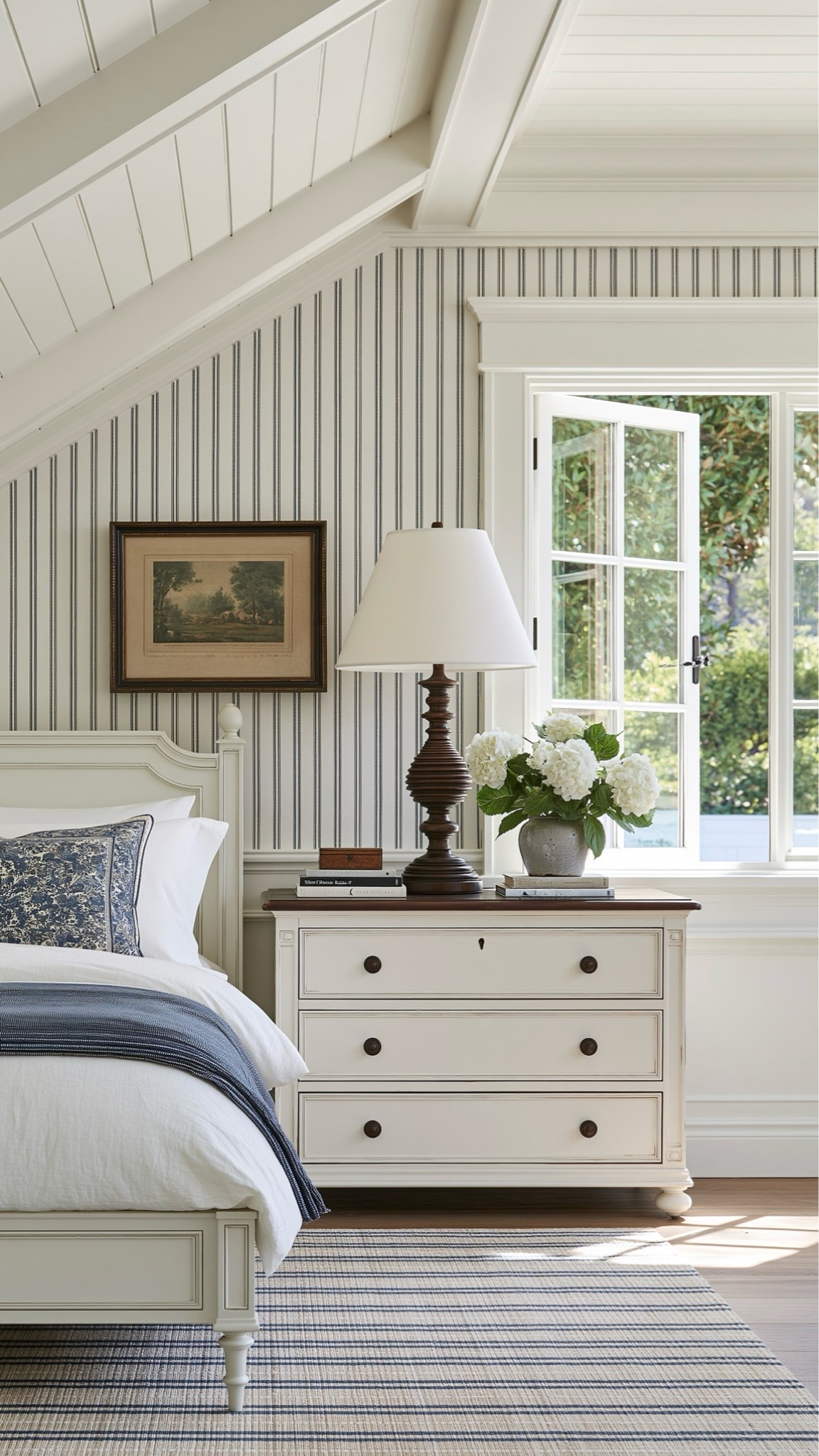 Cozy cottage bedroom with stripes and shiplap 🤍

#LTKHome #LTKselfcare #LTKSeasonal