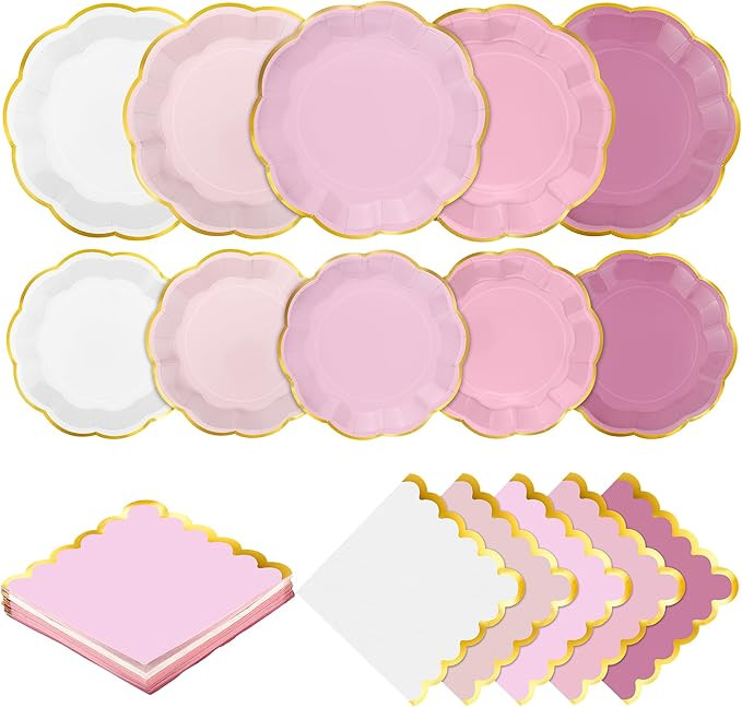 Kochorie 100 Pcs Dusty Pink Paper Plates and Napkins Gold Foil Scalloped Paper Plates & Napkins D... | Amazon (US)