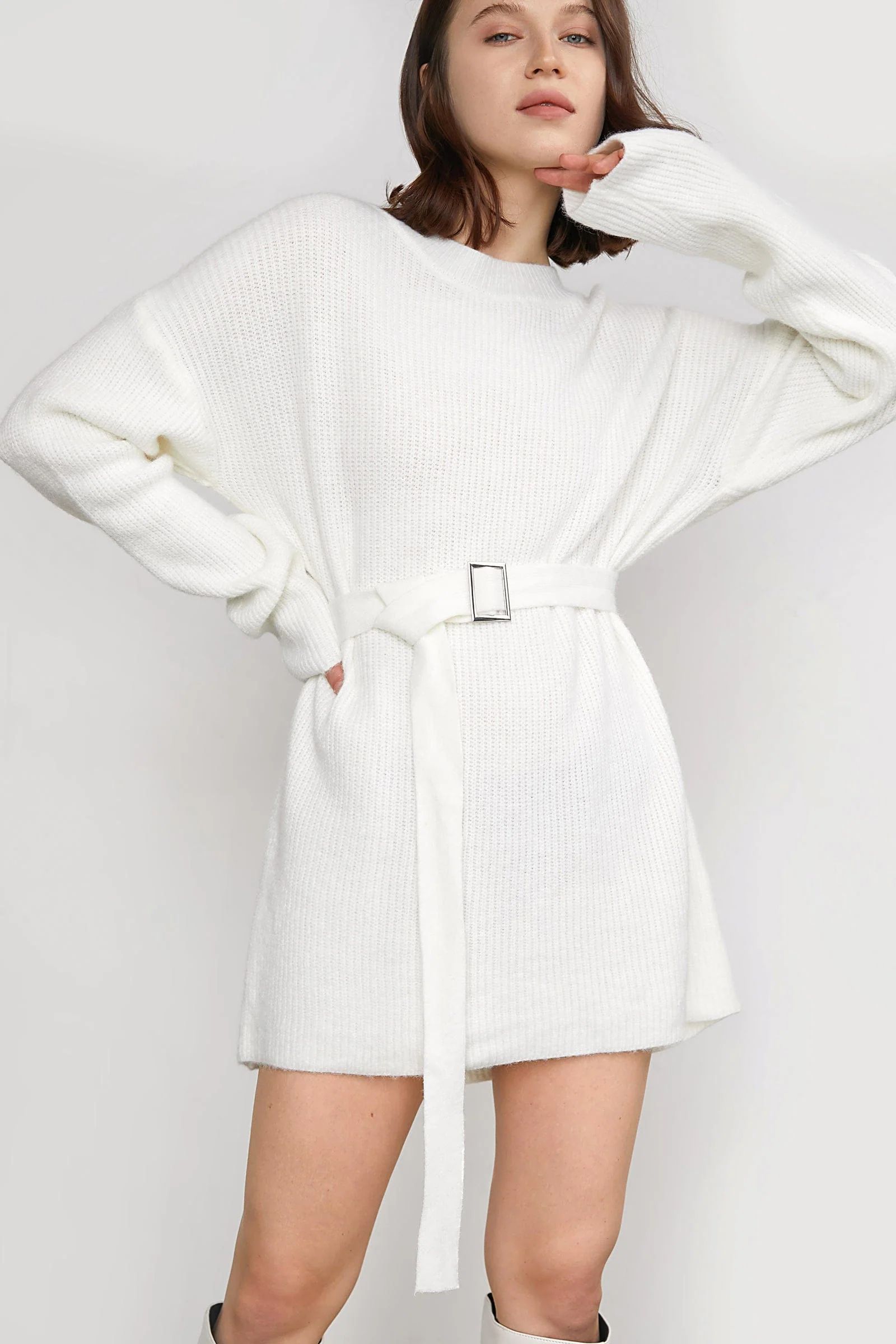 Lacie White Belted Sweater Dress | J.ING