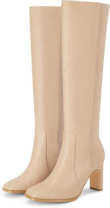 Coutgo Womens Square Toe Knee High Boots Leather Chunky Heel Fashion Dressy Winter Shoes with Sid... | Amazon (US)