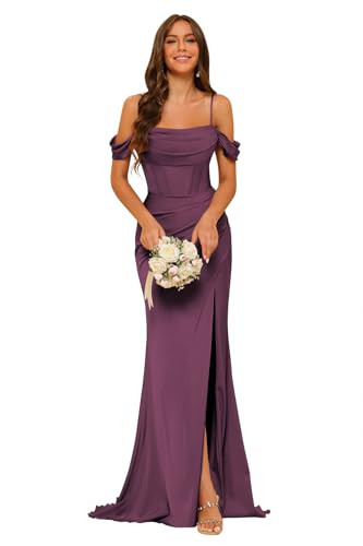 Clothfun Elegant Plum Satin Bridesmaid Dress for Wedding Off The Shoulder Corset Bridesmaid Dress Ruched Formal Evening Party Gown Plum Size 8 | Amazon (US)