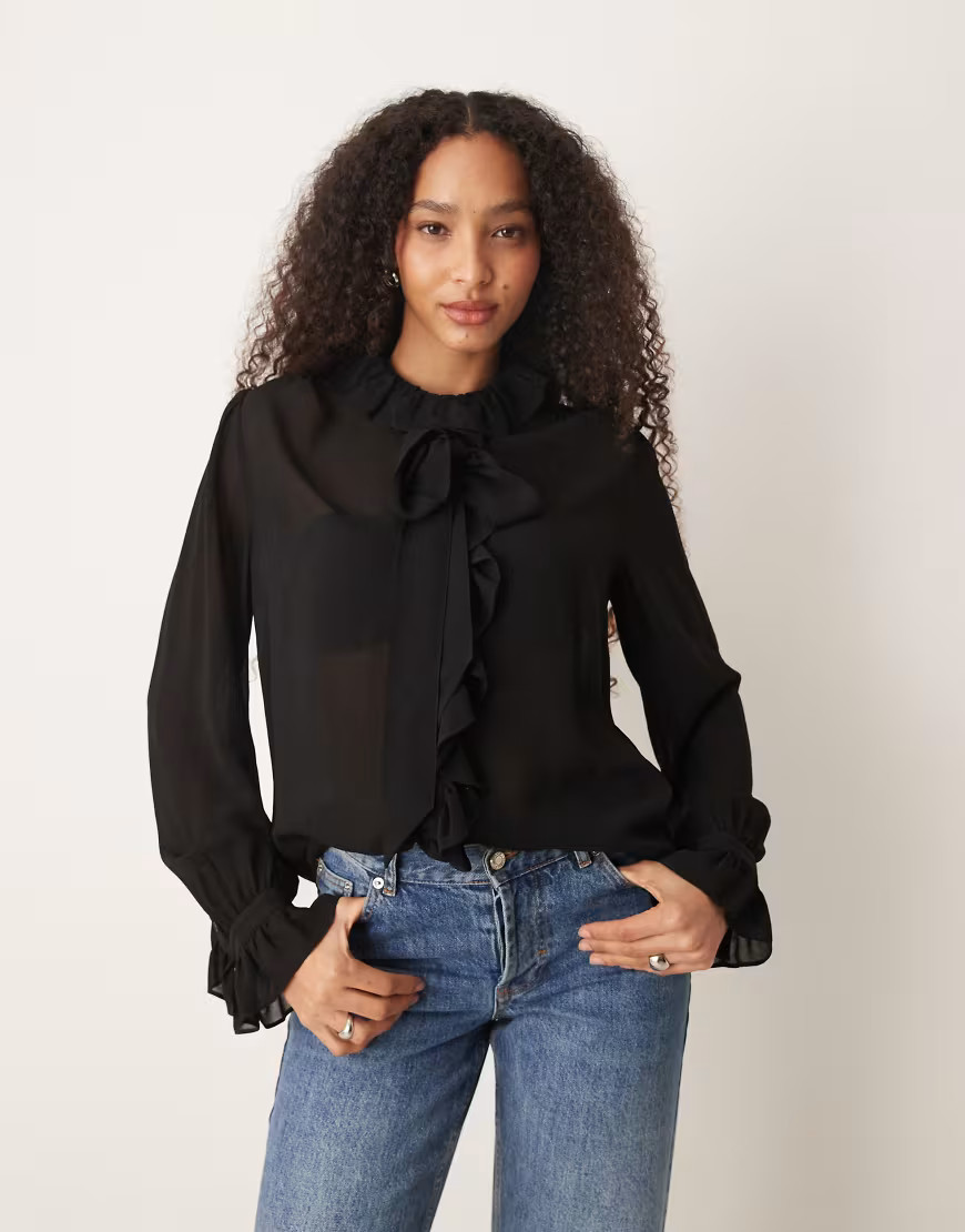 Mango ruffle detail blouse with tie neck in black | ASOS (Global)
