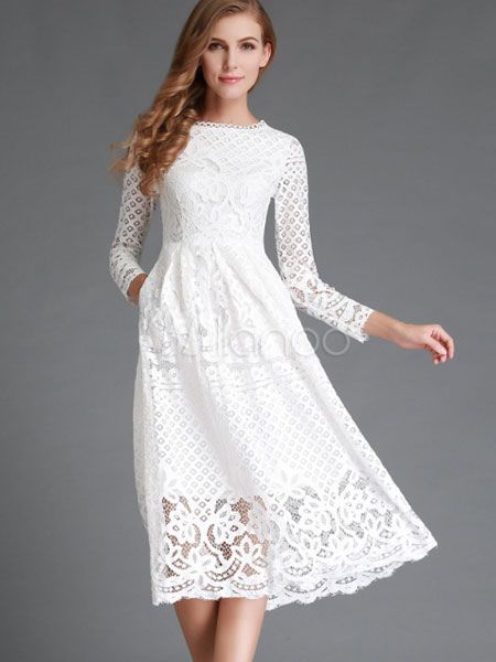 White Lace Dress Long Sleeve Flared Dress For Women | Milanoo