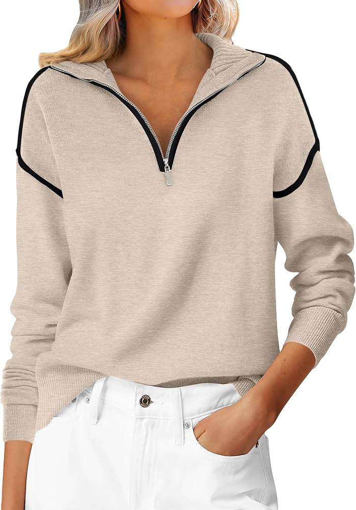 ANRABESS Womens Quarter Zip Sweaters Fall Long Sleeve V Neck Shirts Collared Business Casual Tops Knit Pullover Sweatshirts | Amazon (US)