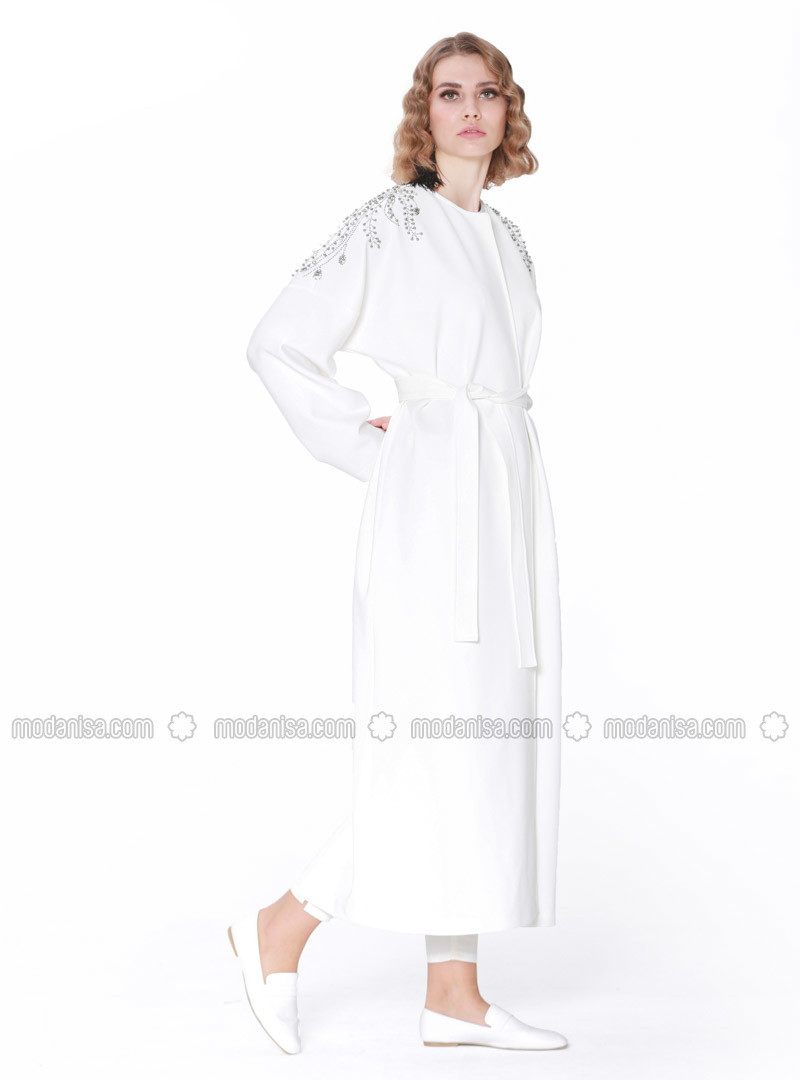 White - Ecru - Unlined - V neck Collar - Abaya | Modanisa (US)